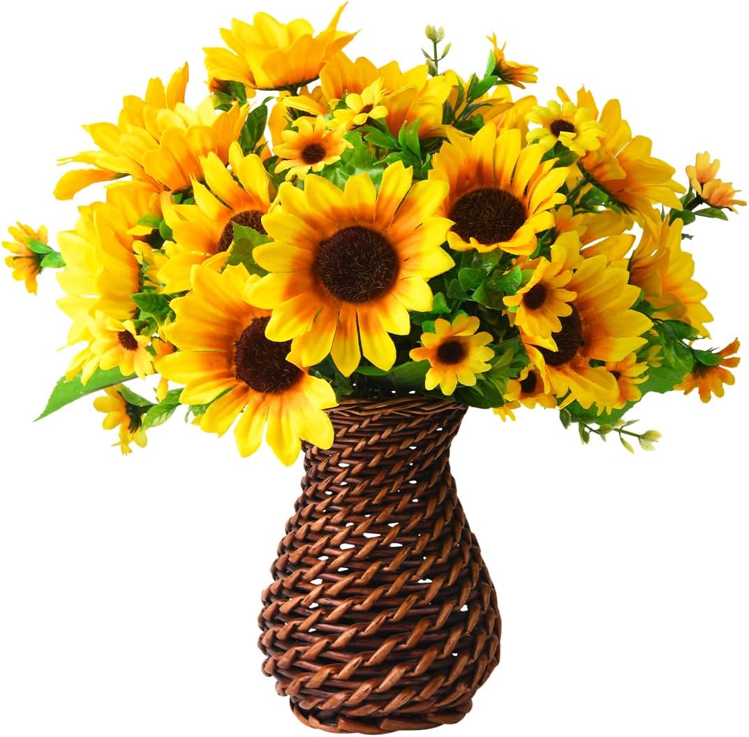 Artificial Faux Flowers in Vase, Fake Silk Floral Arrangements Rose Bouquets with Handmade Rattan Vase, Farmhouse Table Decorations Centerpieces for Dinning Room Kitchen Office Desktop (Brown)