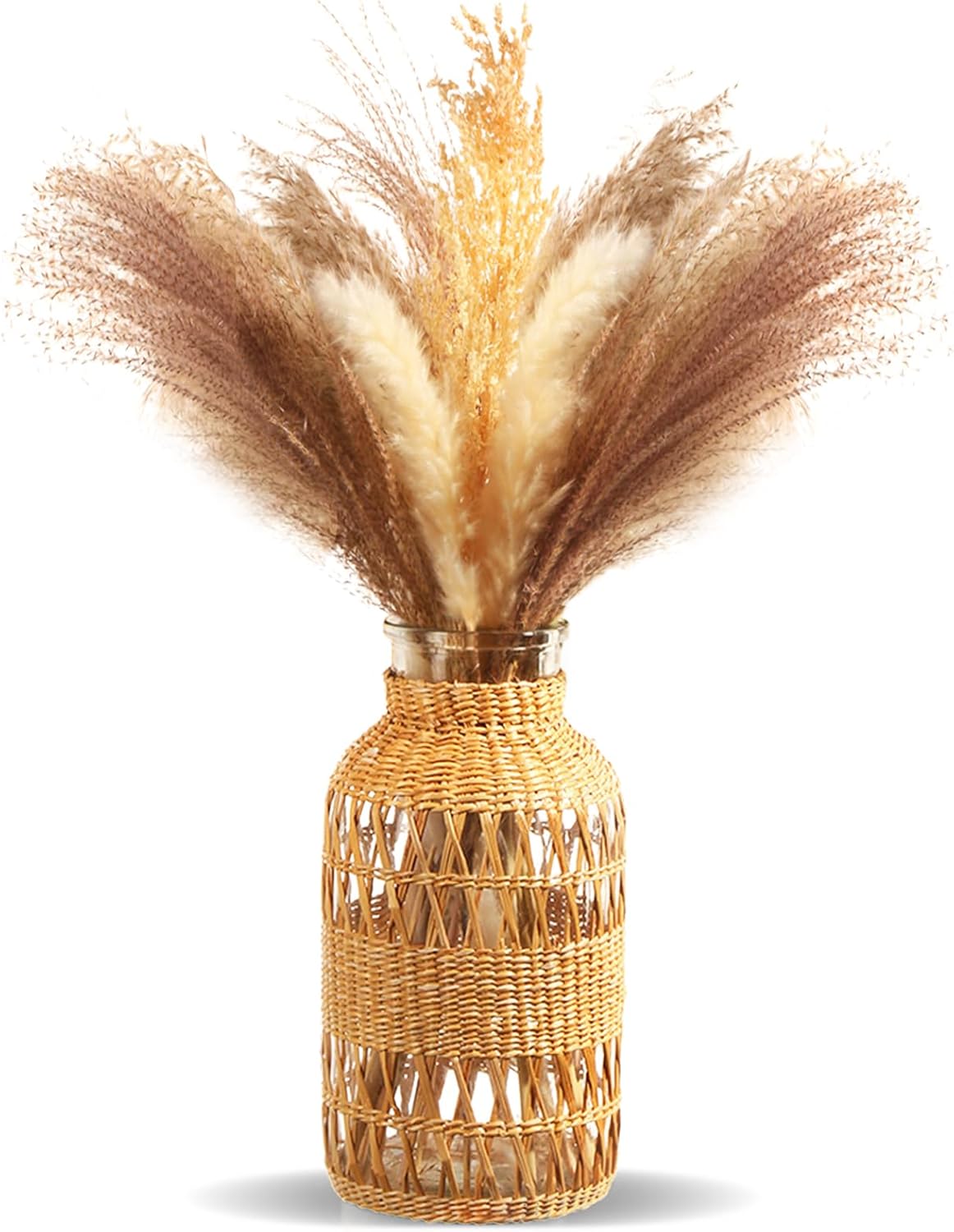 ZENS Wicker Boho Vase Set of 2, Glass Flower Vase with Hand Woven Rattan Cover for Pampas Grass, Artistic Boho Country Vases for Fall Flower Decor, Home Table Centerpiece, Farmhouse Decorative