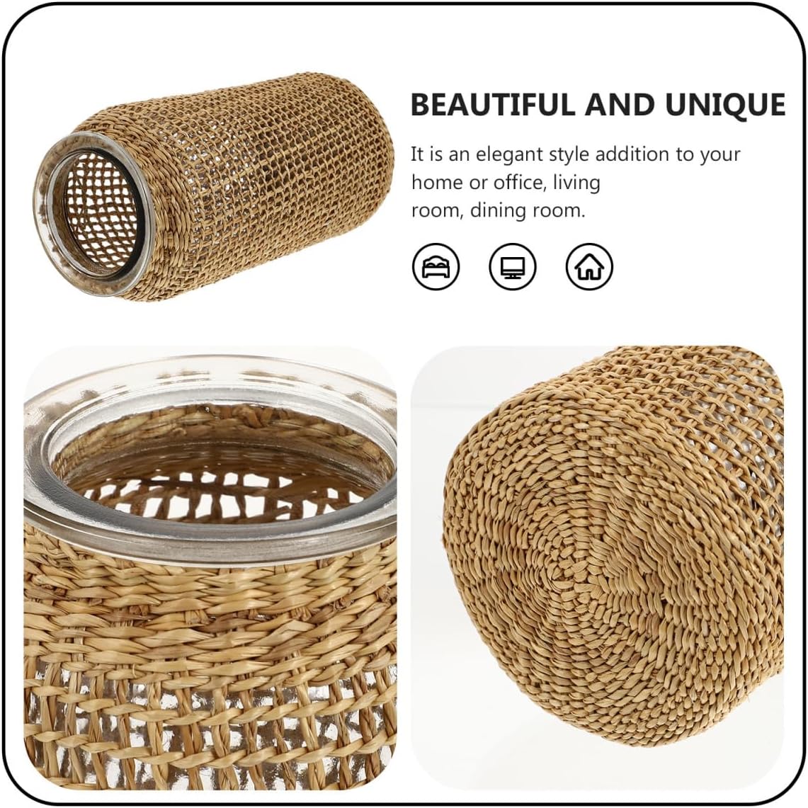 DOITOOL Boho Glass Vase with Rattan Cover, Rustic Farmhouse Vase Round Decorative Flower Container Flower Bud Container for Floral Arrangements Table Centerpiece, 4.3 x 4.3 x 9.8 inch