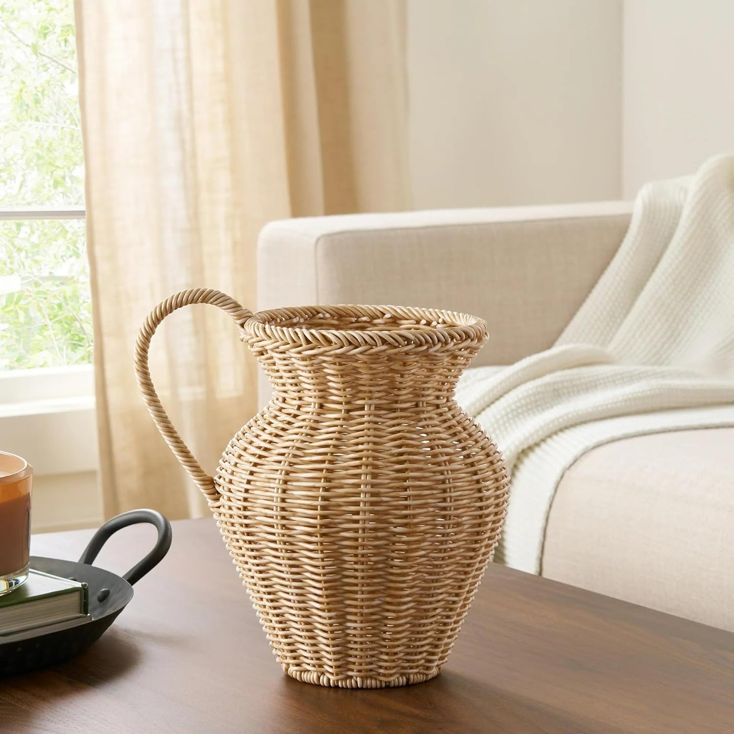 9" Faux Wood Decorative Woven Rattan Pitcher Vase Natural