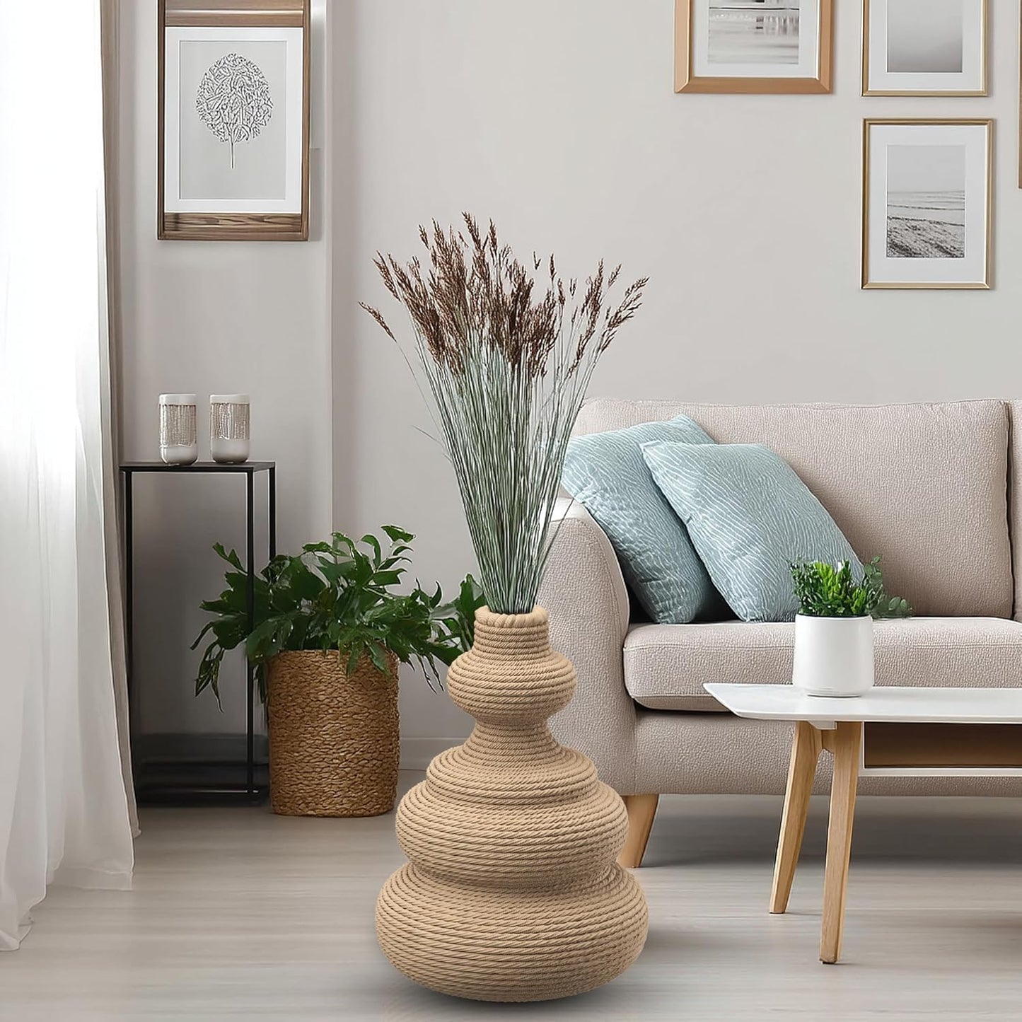 Rattan Woven Flower Vase,White Boho Vases for Decor,Modern Decor Country Style Woven Rustic Vase for Home Decoration