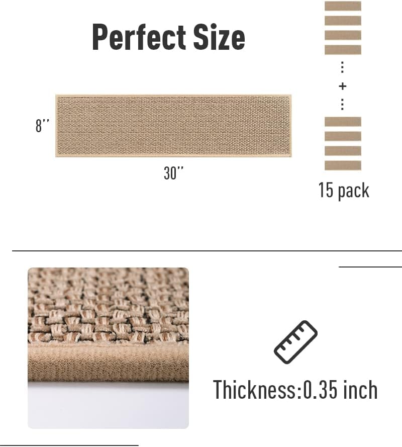 PADOOR Non Slip Stair-Treads,Rubber Backing Stair-Runners for Wooden Steps,15PCS Residue Free Carpet Stair Treads for Kids and Dogs 8"x30" Beige
