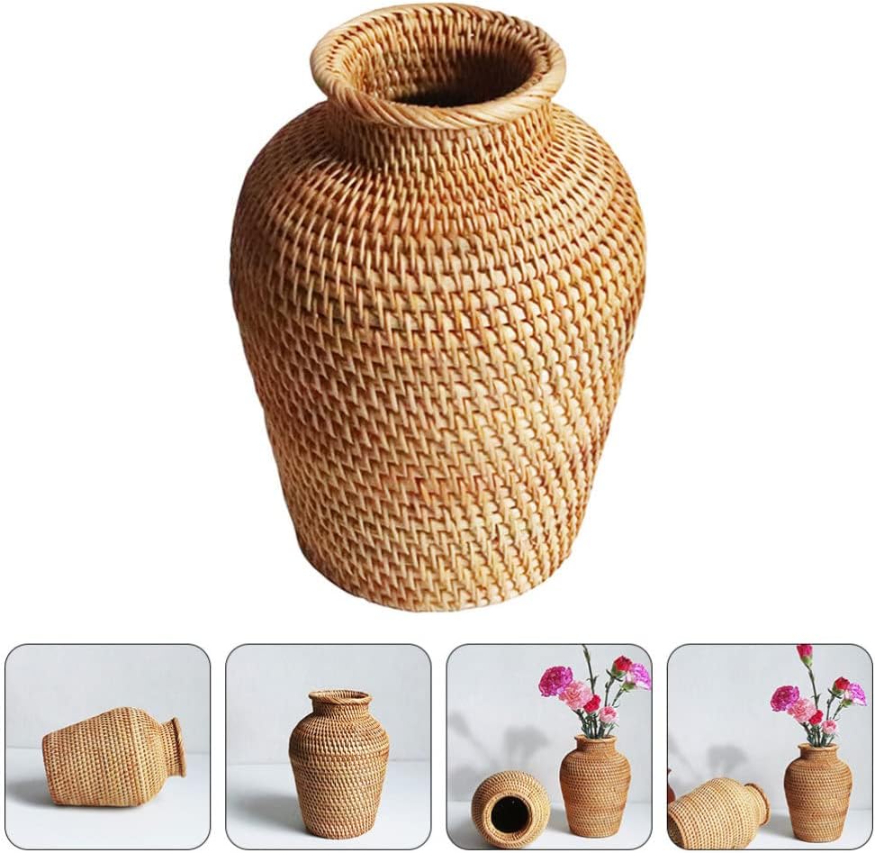 Wicker Flower Basket Vase Rustic Rattan Plant Holder Basket Woven Straw Dried Flower Vase Country Style Decorative Vase French Tall Floor Vase for Bathroom Bedroom Living Room