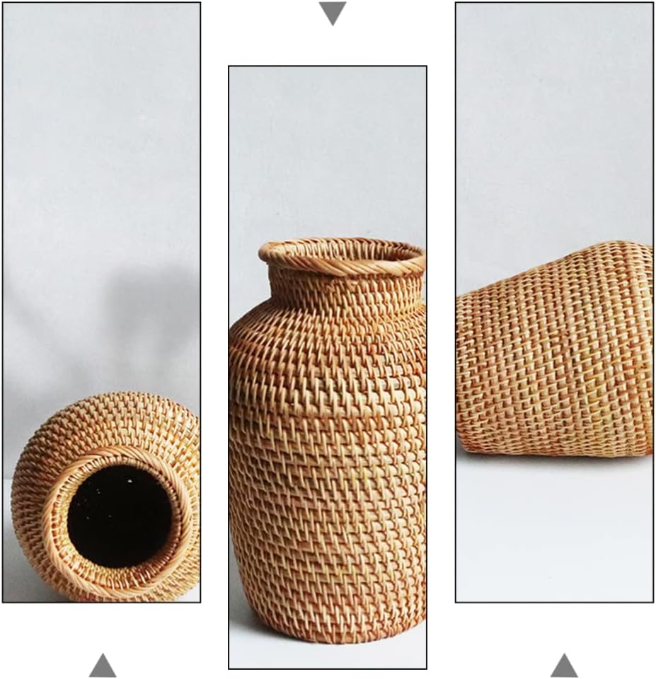 VOSAREA Rattan Vase Country Style Woven Plant Holder Basket Rustic Vase Hand Woven Dried Vase for Home Decoration