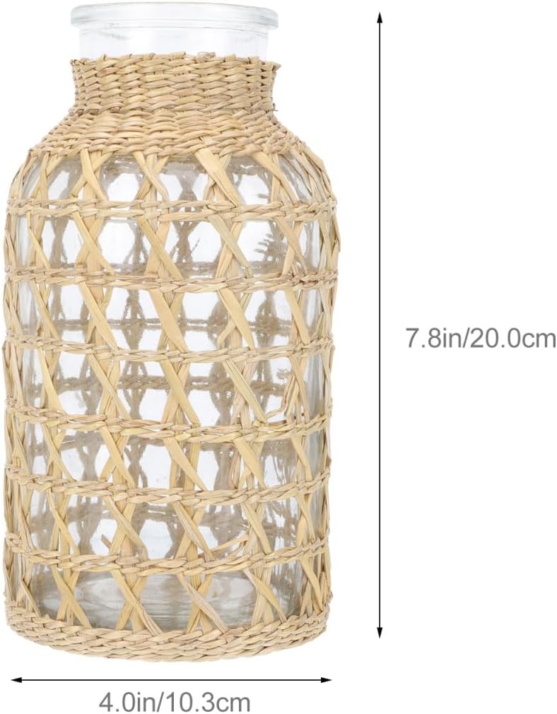 Round Glass Vase Glass Flower Vase Rattan Woven Dried Flower Vase Rustic Flower Bottle Floral Arrangement Holder Floral Container for Home Table Centerpiece Party Decor L Rustic Table Decor