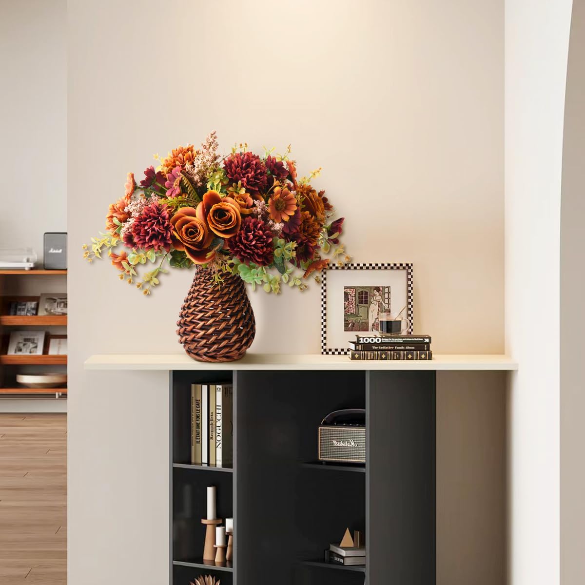 Artificial Faux Flowers in Vase, Fake Silk Floral Arrangements Rose Bouquets with Handmade Rattan Vase, Farmhouse Table Decorations Centerpieces for Dinning Room Kitchen Office Desktop (Brown)