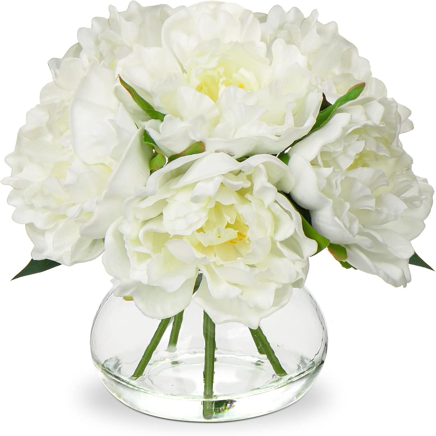 Hollyone Hydrangea Artificial Flowers with Vase White Silk Fake Flowers Arrangements in Glass Vase with Faux Water for Home Bathroom Office Table Centerpiece Shelf Decorations