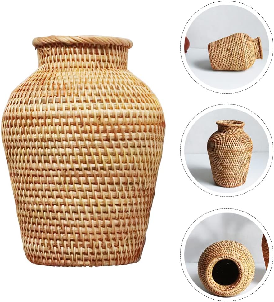 VOSAREA Rattan Vase Country Style Woven Plant Holder Basket Rustic Vase Hand Woven Dried Vase for Home Decoration