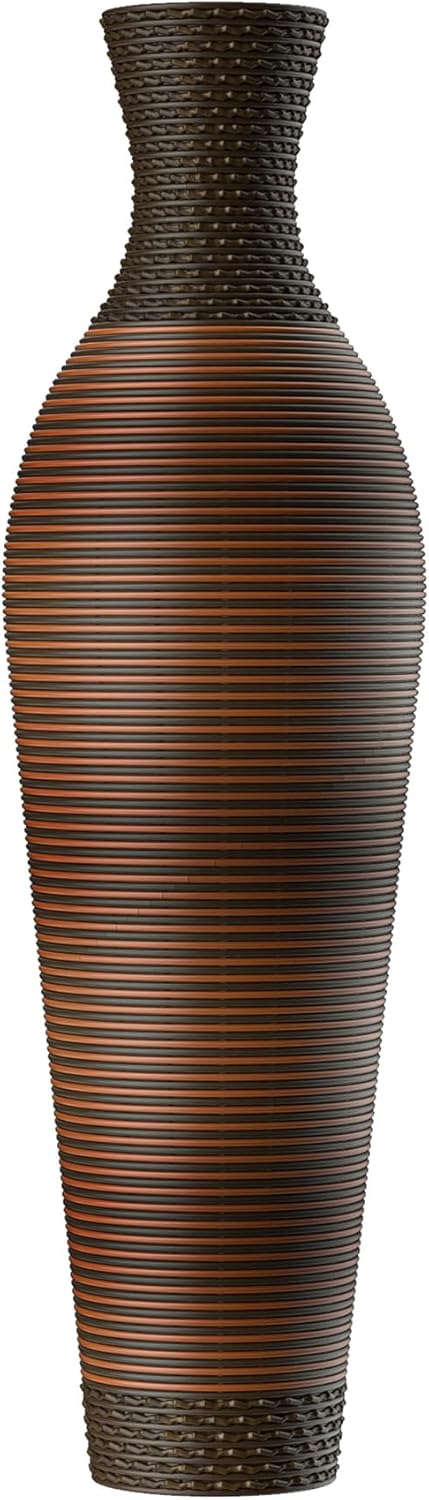 40" Tall Large Rattan Standing Floor Vase Modern Decorative Accent Flower Holder Floor Vase for Living Room Entryway Dining Room Stylish Home Décor Statement Piece (Two-Tone Dark Brown)