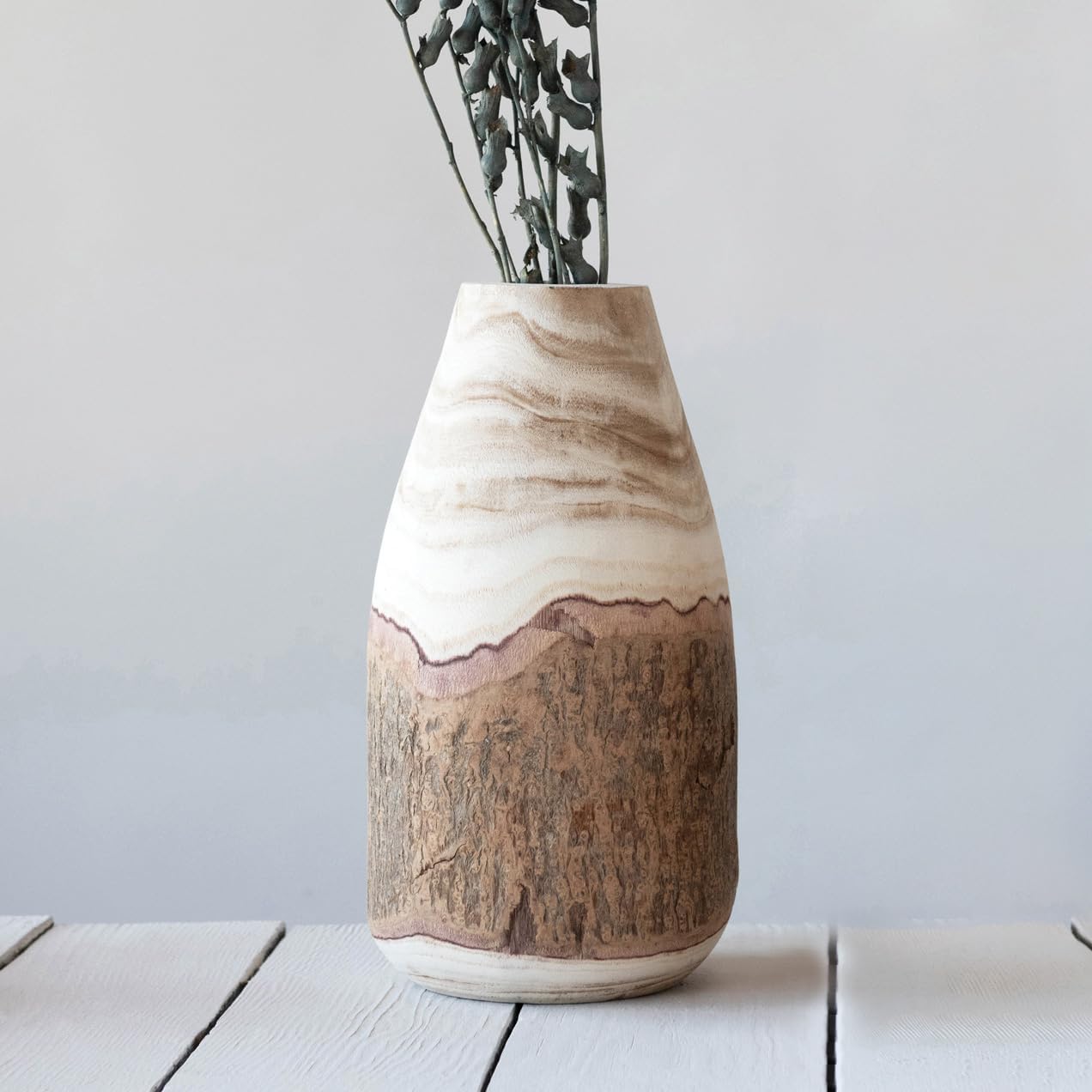 Creative Co-Op 12.5" H Carved Paulownia Wood Vase with Live Edge (Each one Will Vary)