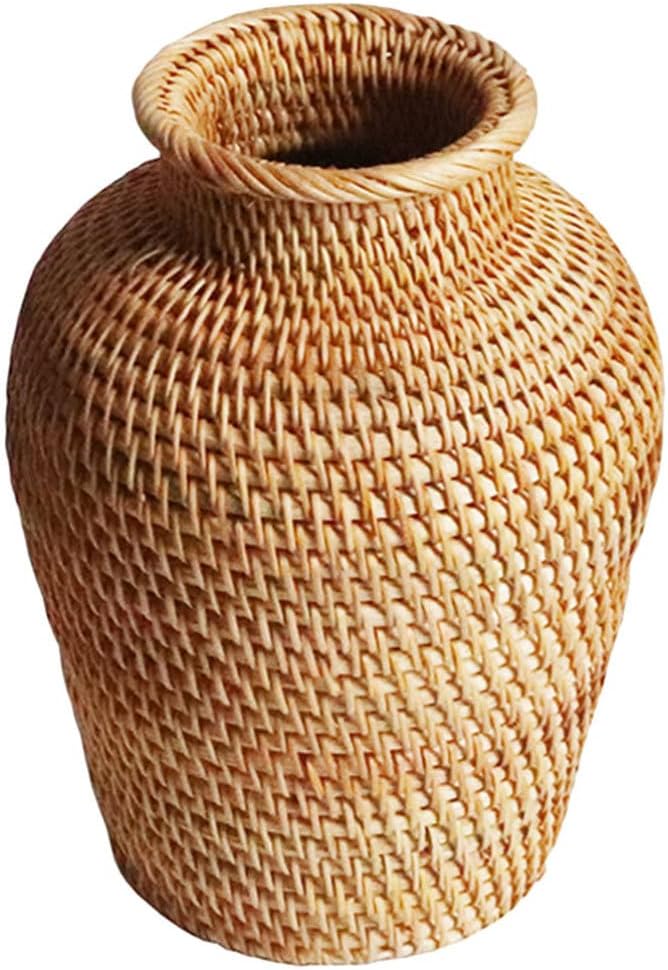 Wicker Flower Basket Vase Rustic Rattan Plant Holder Basket Woven Straw Dried Flower Vase Country Style Decorative Vase French Tall Floor Vase for Bathroom Bedroom Living Room