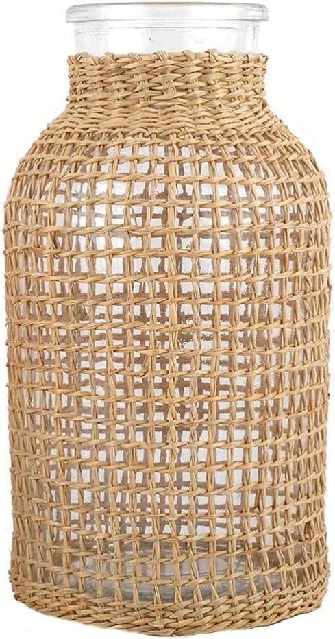 DOITOOL Glass Flower Vase With Rattan Cover, Round Decorative Woven Seagrass Farmhouse Floral Container for Arrangement Table Centerpiece Decor (Size S+L)