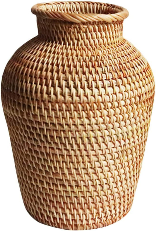 Wicker Flower Basket Vase Rustic Rattan Plant Holder Basket Woven Straw Dried Flower Vase Country Style Decorative Vase French Tall Floor Vase for Bathroom Bedroom Living Room