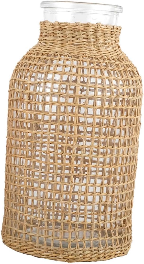 DOITOOL Glass Flower Vase With Rattan Cover, Round Decorative Woven Seagrass Farmhouse Floral Container for Arrangement Table Centerpiece Decor (Size S+L)