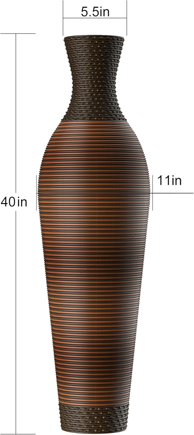 40" Tall Large Rattan Standing Floor Vase Modern Decorative Accent Flower Holder Floor Vase for Living Room Entryway Dining Room Stylish Home Décor Statement Piece (Two-Tone Dark Brown)