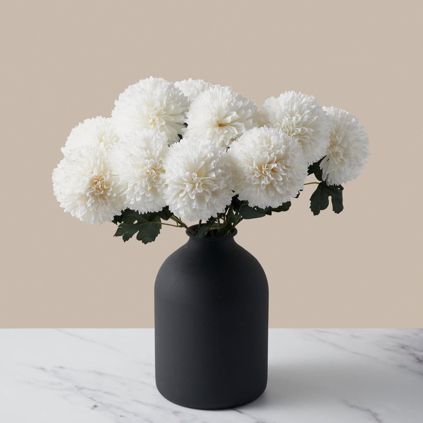 Artificial Silk Flowers Beige 10 Stems + Eucalyptus, Faux Flowers For Vase, Fake Mums Long Stem, Tan Nude Cream Neutral Floral, Chrysanthemum Pom Pom Floral Arrangements, Mini Faux Mums Flower Bulk