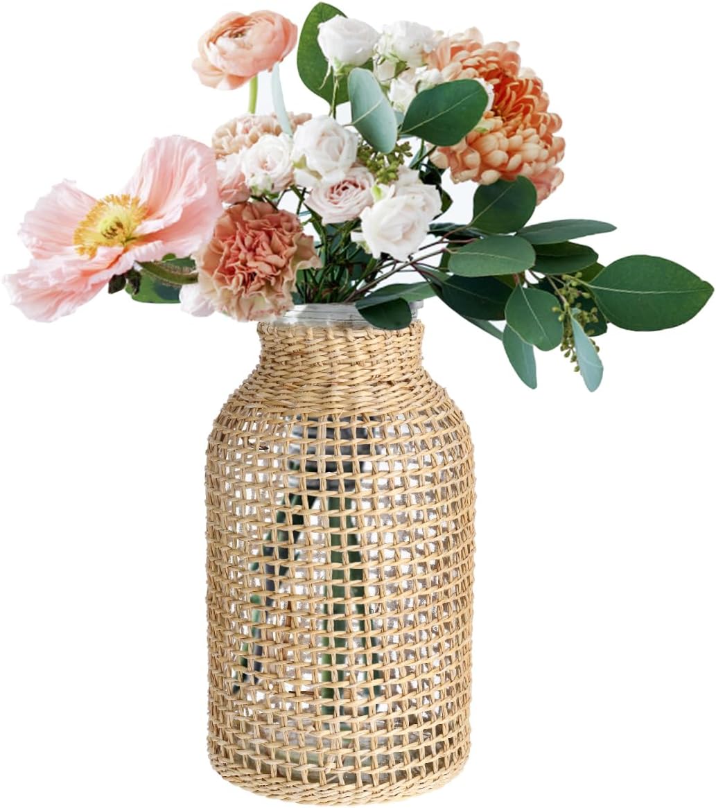 DOITOOL Glass Flower Vase with Rattan Cover, Farmhouse Flower Bud Vase, Round Decorative Flower Vase Floral Container Flower Bottle for Floral Arrangements Housewarming Party Home Decor (L+XS) Khaki
