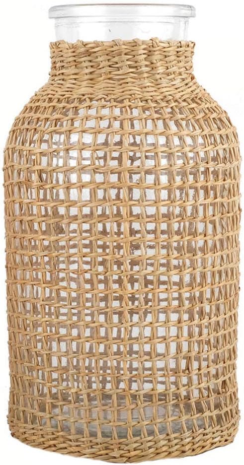 DOITOOL Glass Flower Vase with Rattan Cover, Farmhouse Flower Bud Vase, Round Decorative Flower Vase Floral Container Flower Bottle for Floral Arrangements Housewarming Party Home Decor (L+XS) Khaki