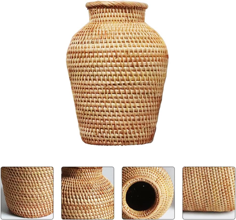 VOSAREA Rattan Vase Country Style Woven Plant Holder Basket Rustic Vase Hand Woven Dried Vase for Home Decoration