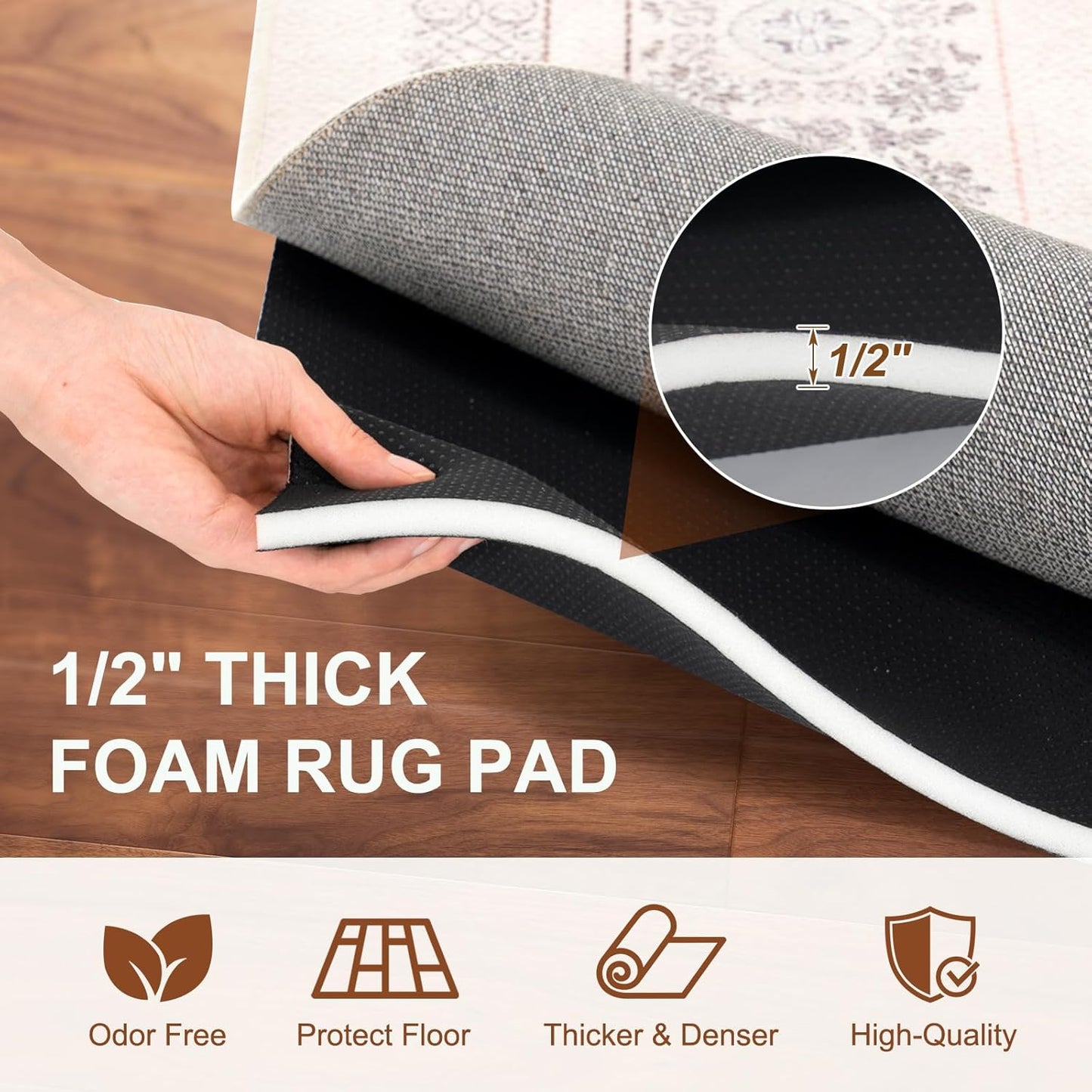 Docred 1/2" Thick Foam Non-Slip Rug Pad,Under Rug Mat, 9x6 Ft Carpet Protector Mats for Under Area Rugs, Cushioned Gripper Pads, Carpet Runners, Hardwood Floors Protection