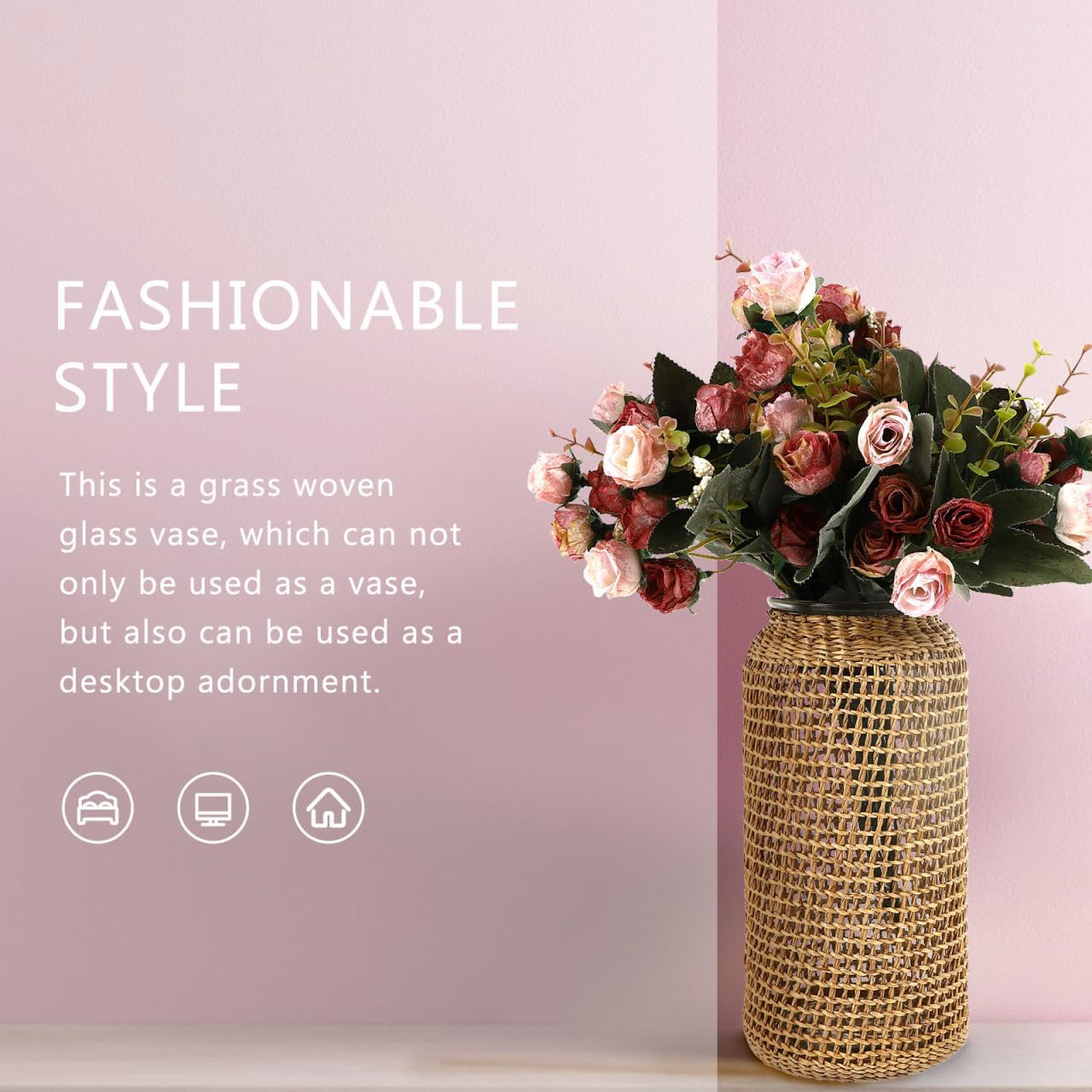 DOITOOL Boho Glass Vase with Rattan Cover, Rustic Farmhouse Vase Round Decorative Flower Container Flower Bud Container for Floral Arrangements Table Centerpiece, 4.3 x 4.3 x 9.8 inch