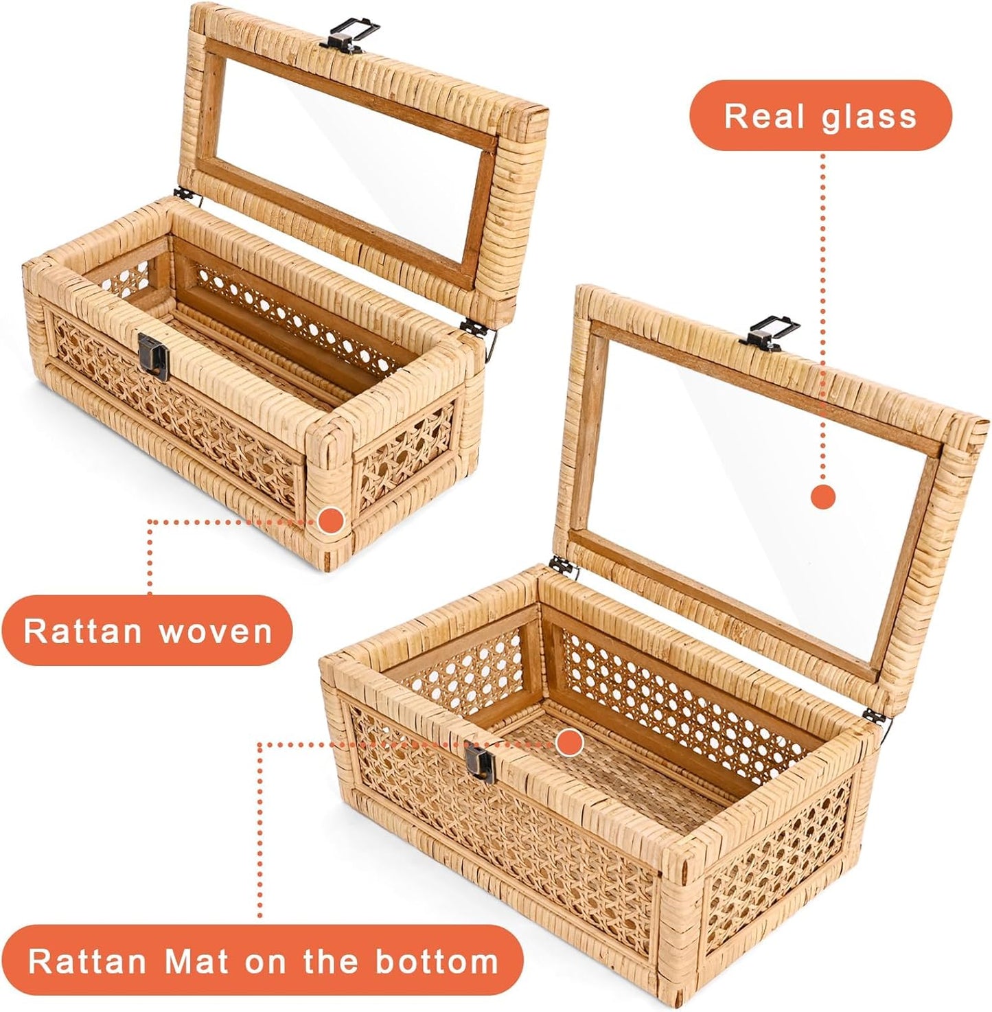 Rattan Decorative Box with Lid, Rectangular Woven with Glass for Display, Set of 2 Wicker for Decor