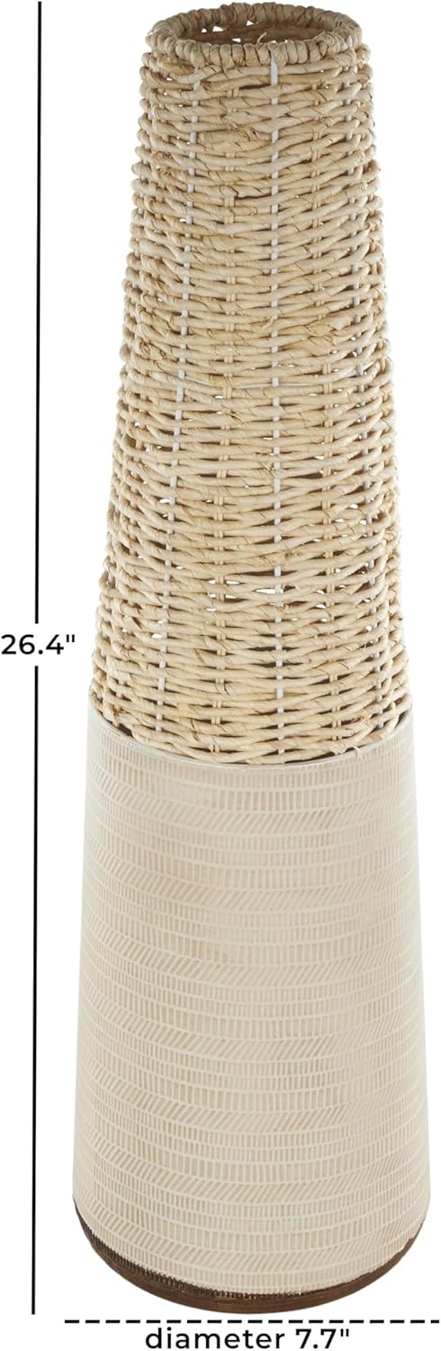 Deco 79 Rattan Geometric Handmade Decorative Vase Woven Centerpiece Vase with Beige Metal Base and Abstract Linear Markings, Vase for Home Decoration 8" x 8" x 26", Light Brown