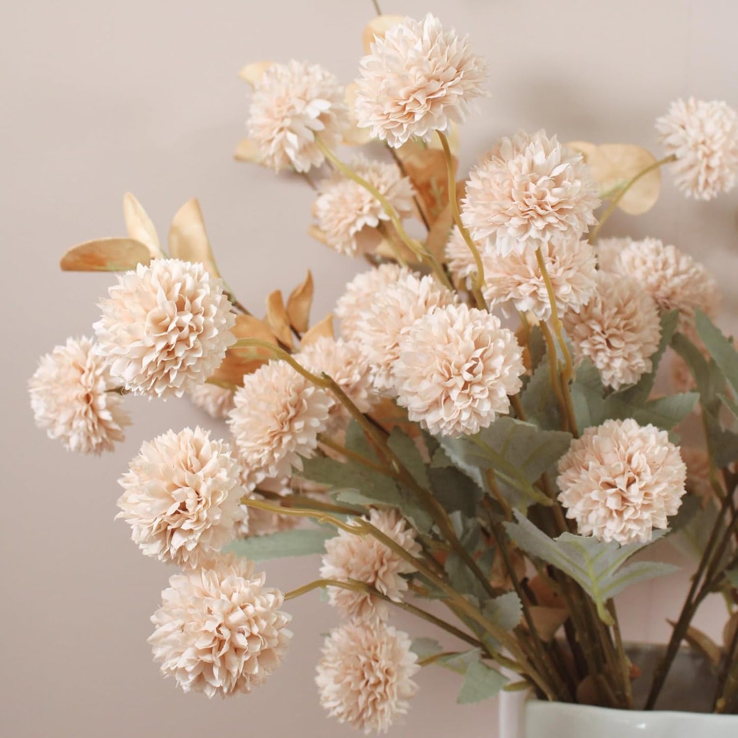 Artificial Silk Flowers Beige 10 Stems + Eucalyptus, Faux Flowers For Vase, Fake Mums Long Stem, Tan Nude Cream Neutral Floral, Chrysanthemum Pom Pom Floral Arrangements, Mini Faux Mums Flower Bulk
