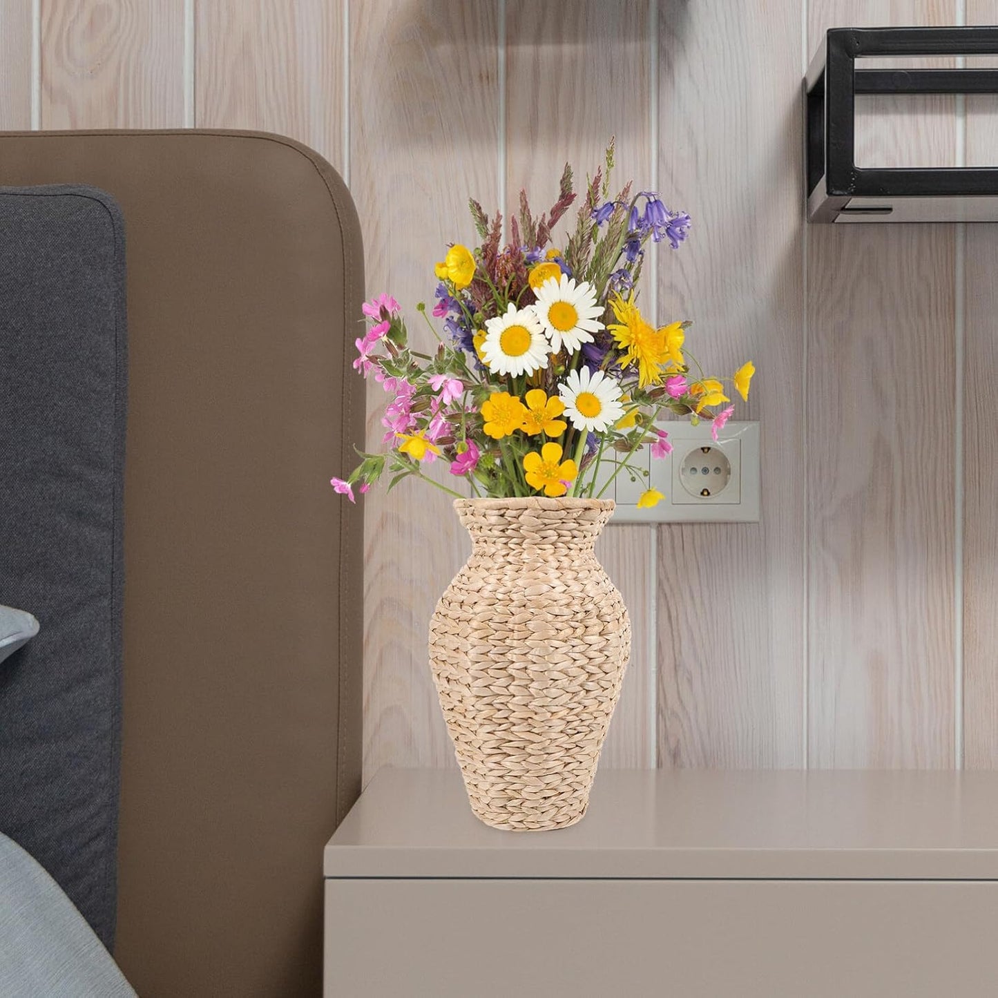 Alipis Rattan Vase Country Style Woven Plant Basket Rustic Vase Hand Woven Dried Vase for Home Decoration