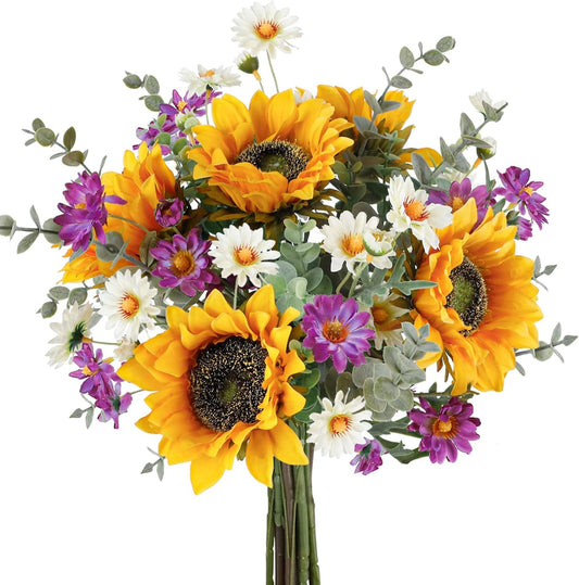 CEWOR Artificial Sunflowers Bouquet Fake Flower Bouquet with Sunflowers for Bridal Bouquets Wedding Centerpieces Decor Party Table Gravesites Fall Floral Arrangements Home Decoration