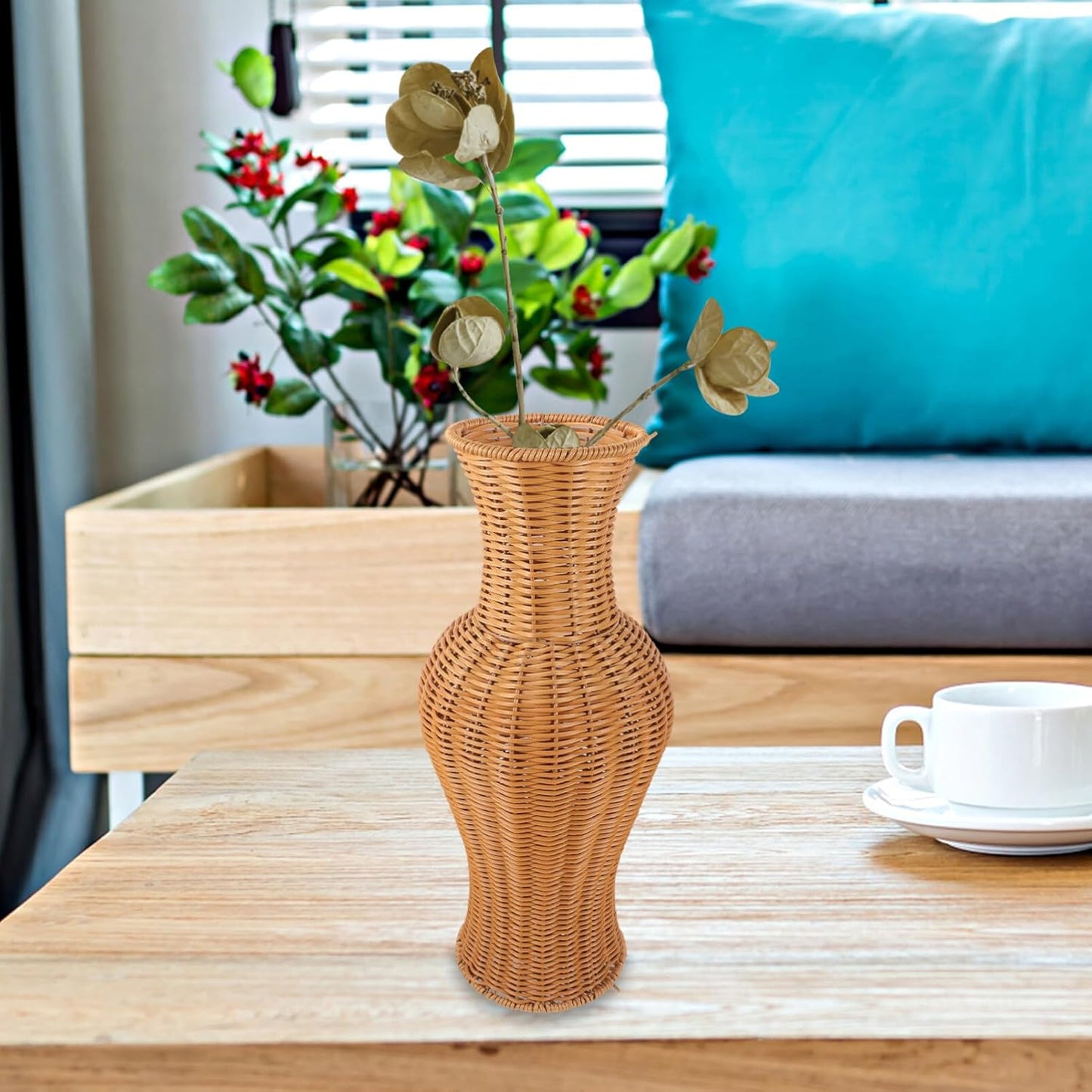 Rattan Woven Flower Vase - Elegant Rattan Vase Home Decor for Dried Flowers - Artificial Wicker Floor Vase for Home Office Decoration, Rustic Boho Design, 45X19cm/17.71X7.48inch