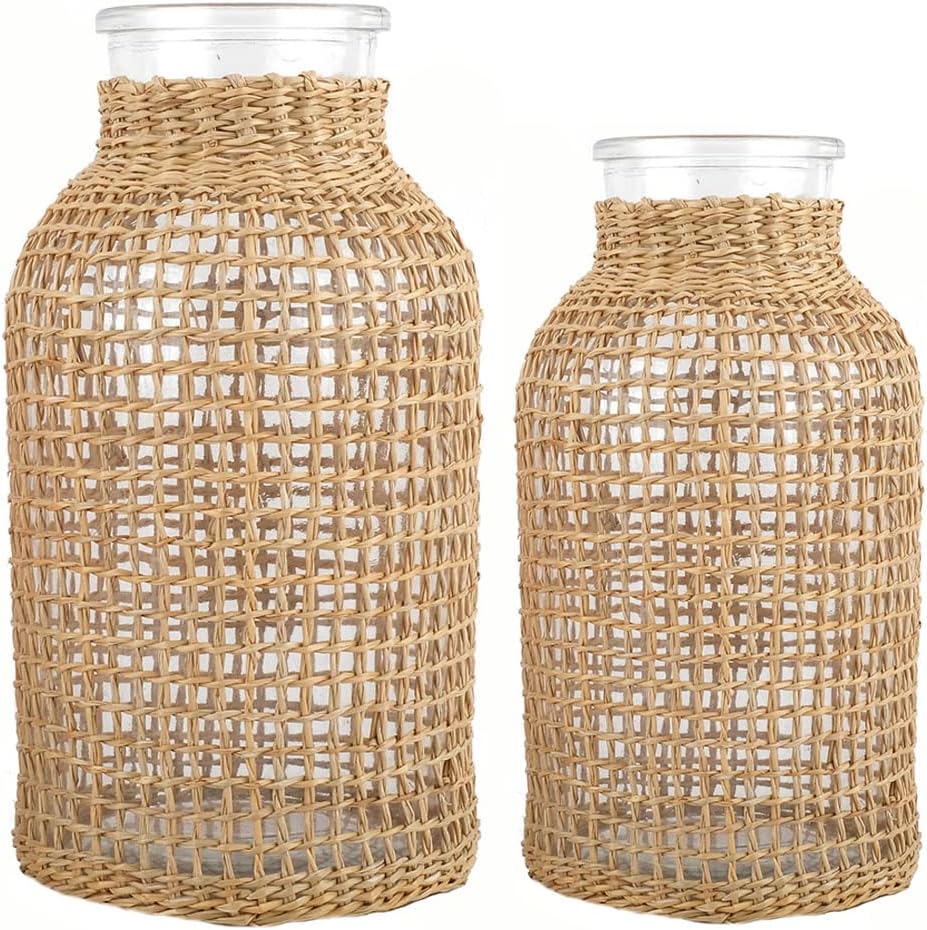 DOITOOL Glass Flower Vase with Rattan Cover, Farmhouse Flower Bud Vase, Round Decorative Flower Vase Floral Container Flower Bottle for Floral Arrangements Housewarming Party Home Decor (L+XS) Khaki
