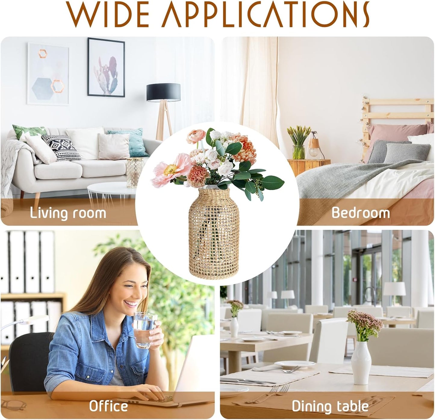 DOITOOL Glass Flower Vase with Rattan Cover, Farmhouse Flower Bud Vase, Round Decorative Flower Vase Floral Container Flower Bottle for Floral Arrangements Housewarming Party Home Decor (L+XS) Khaki