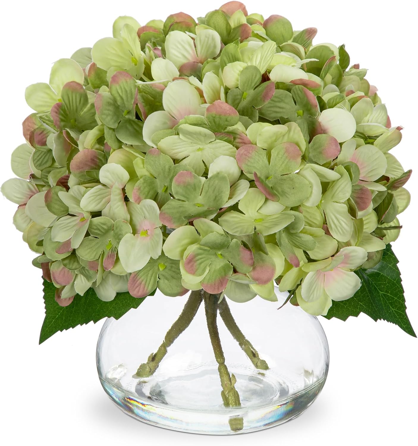 Hollyone Hydrangea Artificial Flowers with Vase White Silk Fake Flowers Arrangements in Glass Vase with Faux Water for Home Bathroom Office Table Centerpiece Shelf Decorations