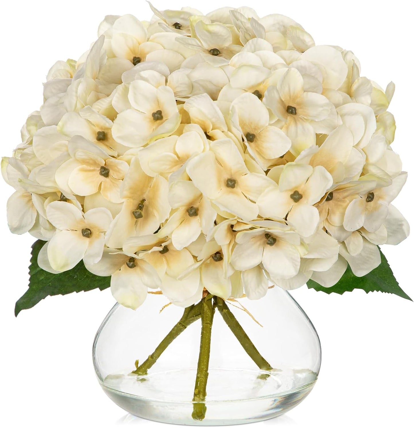 Hollyone Hydrangea Artificial Flowers with Vase White Silk Fake Flowers Arrangements in Glass Vase with Faux Water for Home Bathroom Office Table Centerpiece Shelf Decorations