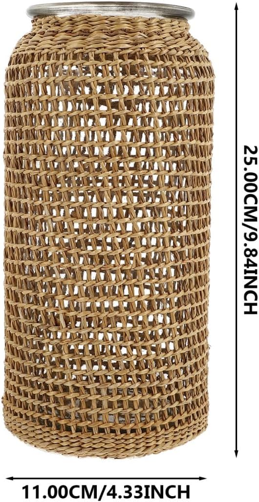 DOITOOL Boho Glass Vase with Rattan Cover, Rustic Farmhouse Vase Round Decorative Flower Container Flower Bud Container for Floral Arrangements Table Centerpiece, 4.3 x 4.3 x 9.8 inch