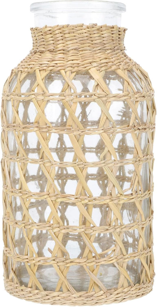 Cabilock Glass Flower Vase with Rattan Cover Farmhouse Vase Vintage Floral Container Decorative Flower Bottle Vase for Wedding Home Office (L)