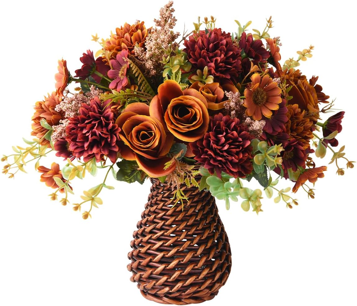 Artificial Faux Flowers in Vase, Fake Silk Floral Arrangements Rose Bouquets with Handmade Rattan Vase, Farmhouse Table Decorations Centerpieces for Dinning Room Kitchen Office Desktop (Brown)