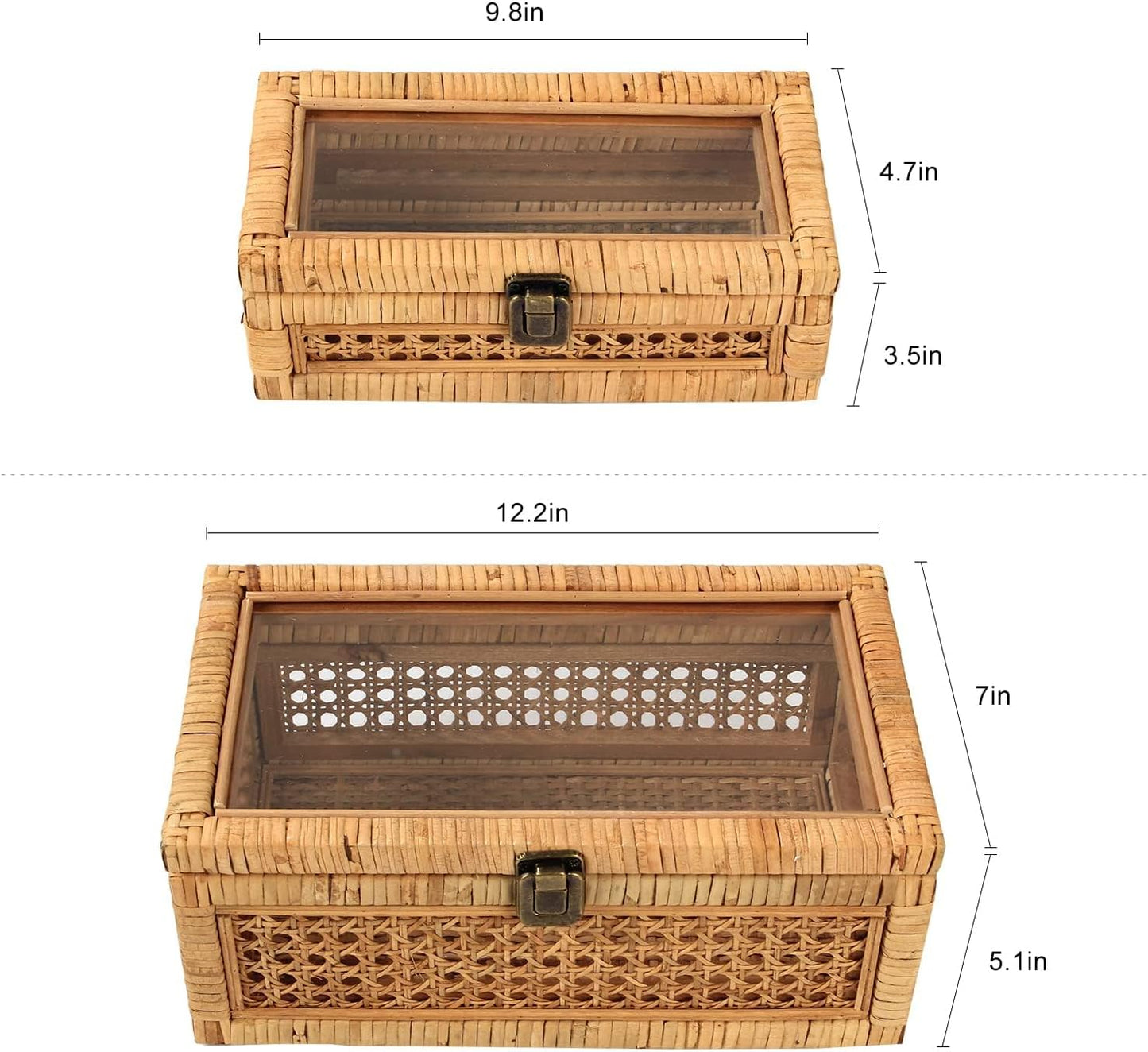 Rattan Decorative Box with Lid, Rectangular Woven with Glass for Display, Set of 2 Wicker for Decor