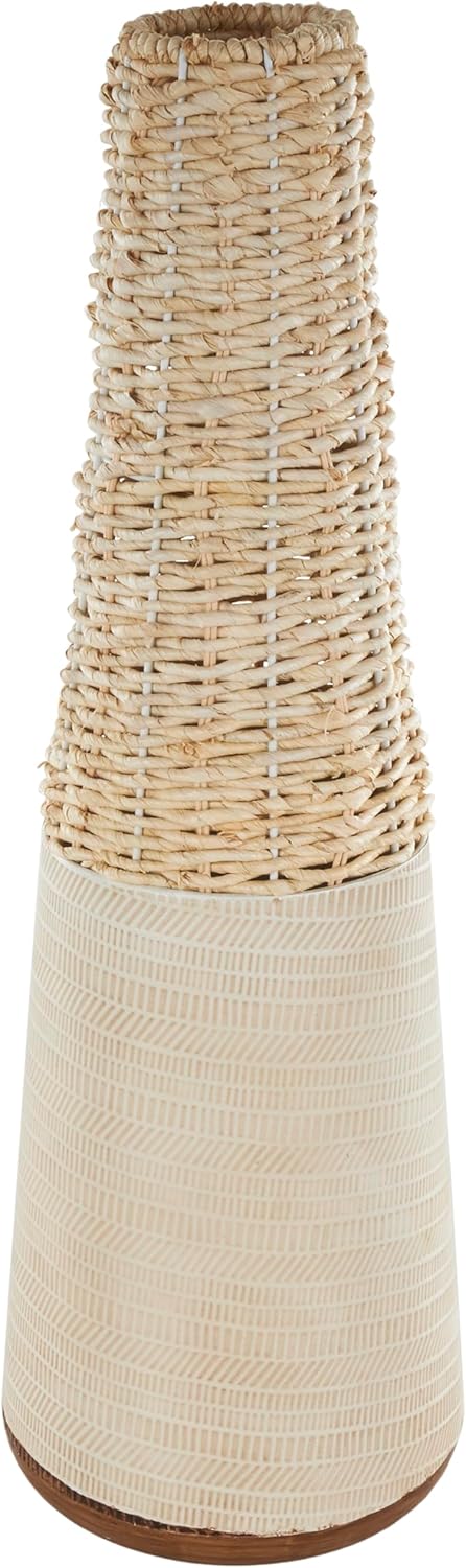 Deco 79 Rattan Geometric Handmade Decorative Vase Woven Centerpiece Vase with Beige Metal Base and Abstract Linear Markings, Vase for Home Decoration 8" x 8" x 26", Light Brown