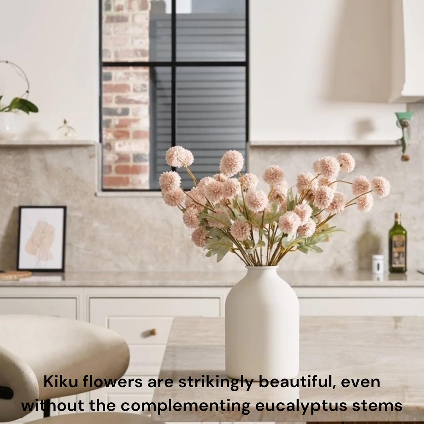 Artificial Silk Flowers Beige 10 Stems + Eucalyptus, Faux Flowers For Vase, Fake Mums Long Stem, Tan Nude Cream Neutral Floral, Chrysanthemum Pom Pom Floral Arrangements, Mini Faux Mums Flower Bulk