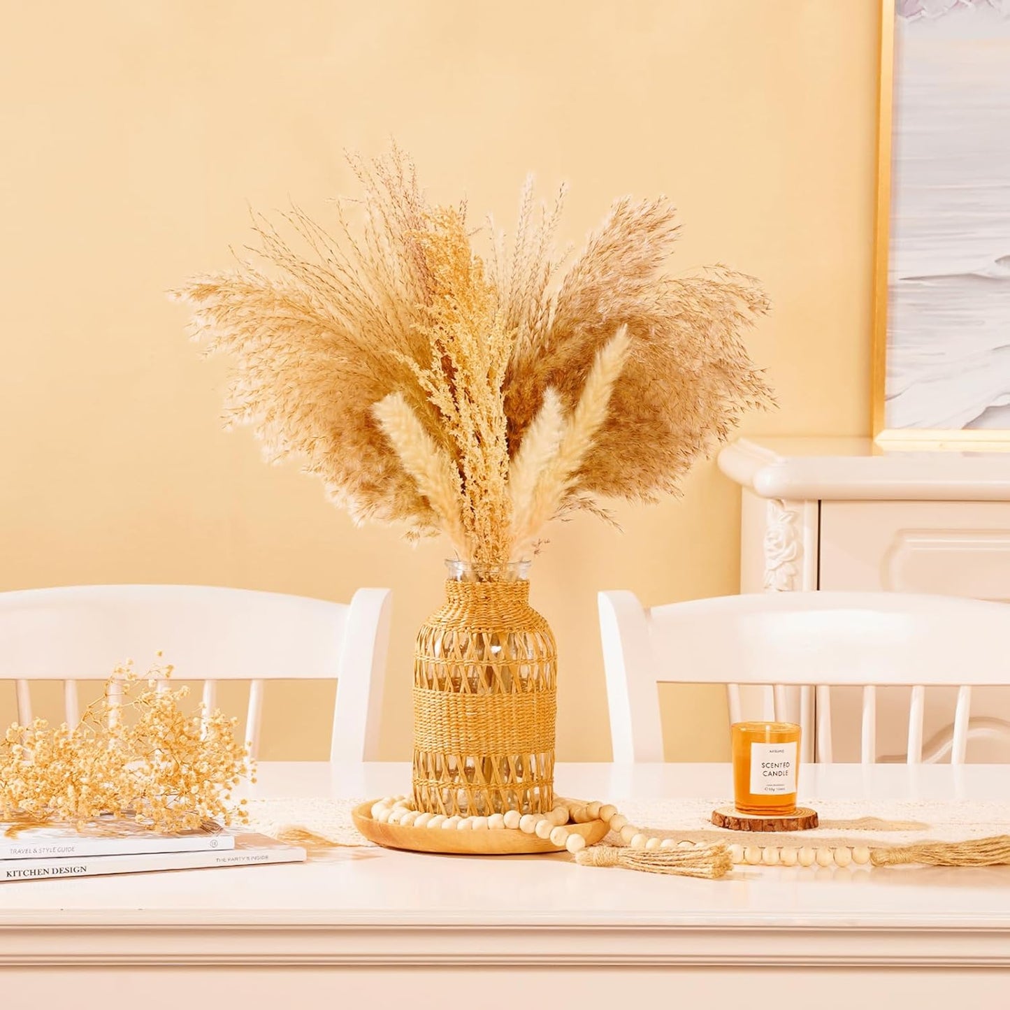 ZENS Wicker Boho Vase Set of 2, Glass Flower Vase with Hand Woven Rattan Cover for Pampas Grass, Artistic Boho Country Vases for Fall Flower Decor, Home Table Centerpiece, Farmhouse Decorative