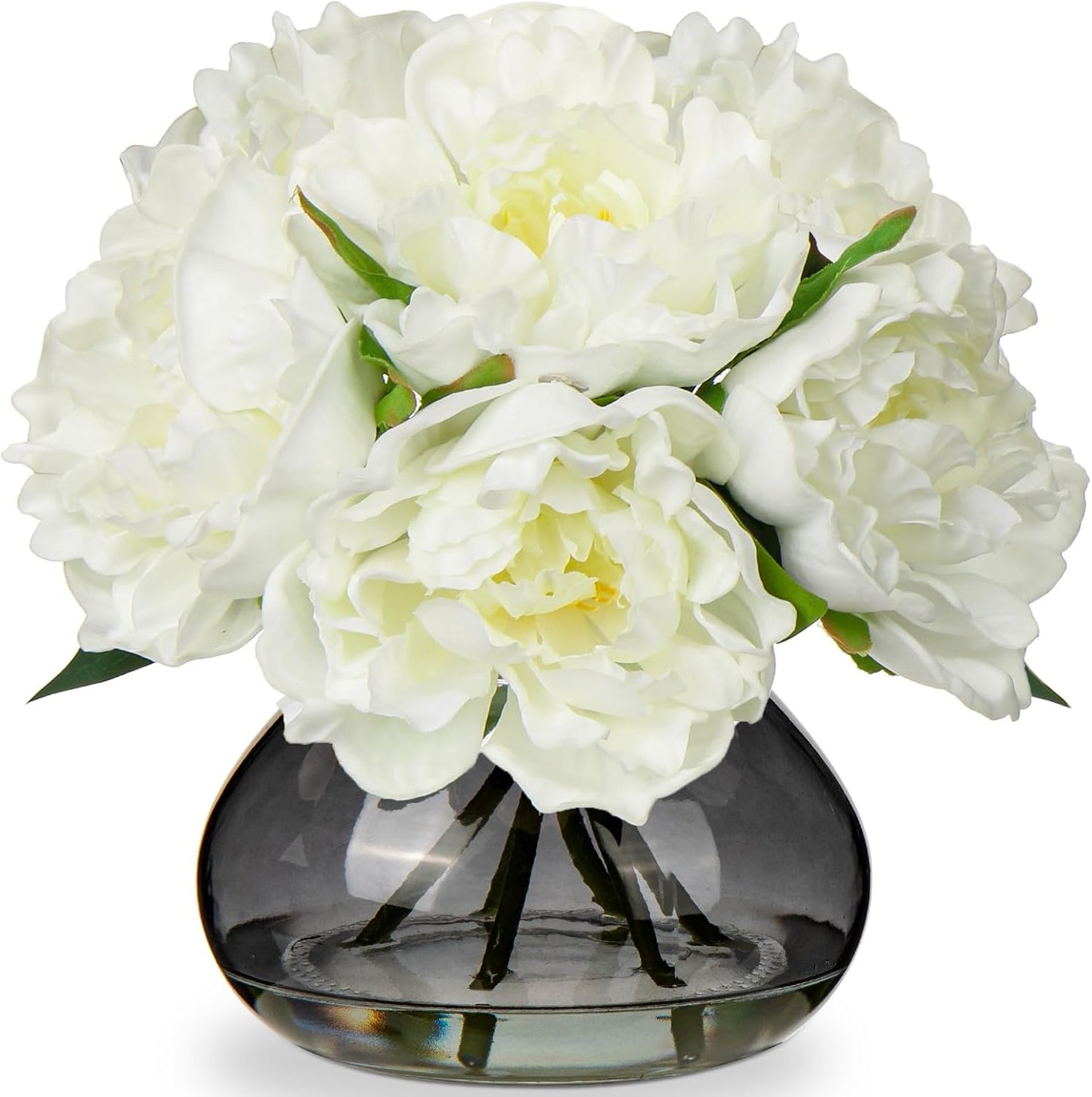 Hollyone Hydrangea Artificial Flowers with Vase White Silk Fake Flowers Arrangements in Glass Vase with Faux Water for Home Bathroom Office Table Centerpiece Shelf Decorations
