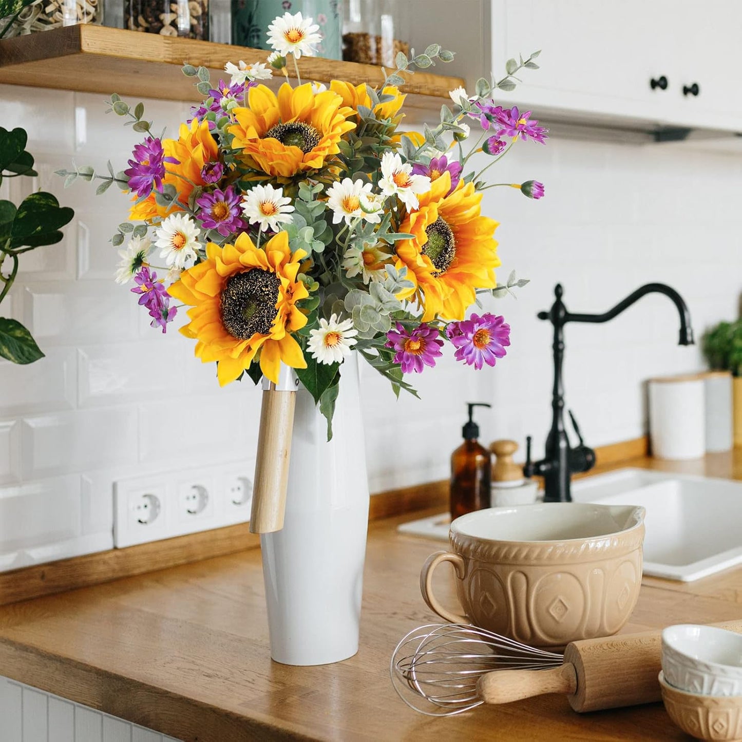 CEWOR Artificial Sunflowers Bouquet Fake Flower Bouquet with Sunflowers for Bridal Bouquets Wedding Centerpieces Decor Party Table Gravesites Fall Floral Arrangements Home Decoration