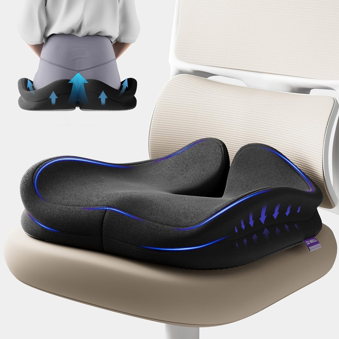 Seat Cushions for Office Chairs - Patented Coccyx Cushion for Tailbone Pain - 21.2" W x 16.5" L Extra Large Memory Foam Seat Cushion with Removable Cover