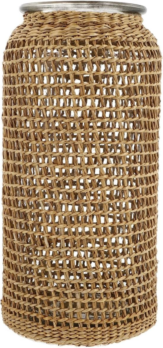 DOITOOL Boho Glass Vase with Rattan Cover, Rustic Farmhouse Vase Round Decorative Flower Container Flower Bud Container for Floral Arrangements Table Centerpiece, 4.3 x 4.3 x 9.8 inch