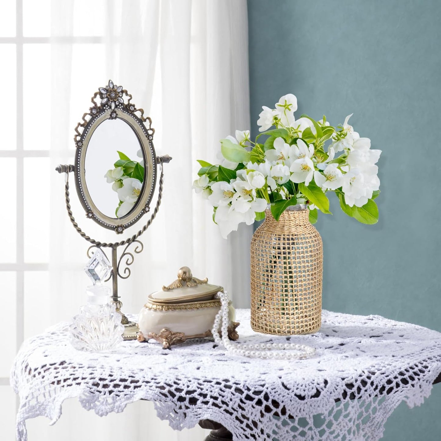 DOITOOL Glass Flower Vase with Rattan Cover, Farmhouse Flower Bud Vase, Round Decorative Flower Vase Floral Container Flower Bottle for Floral Arrangements Housewarming Party Home Decor (L+XS) Khaki