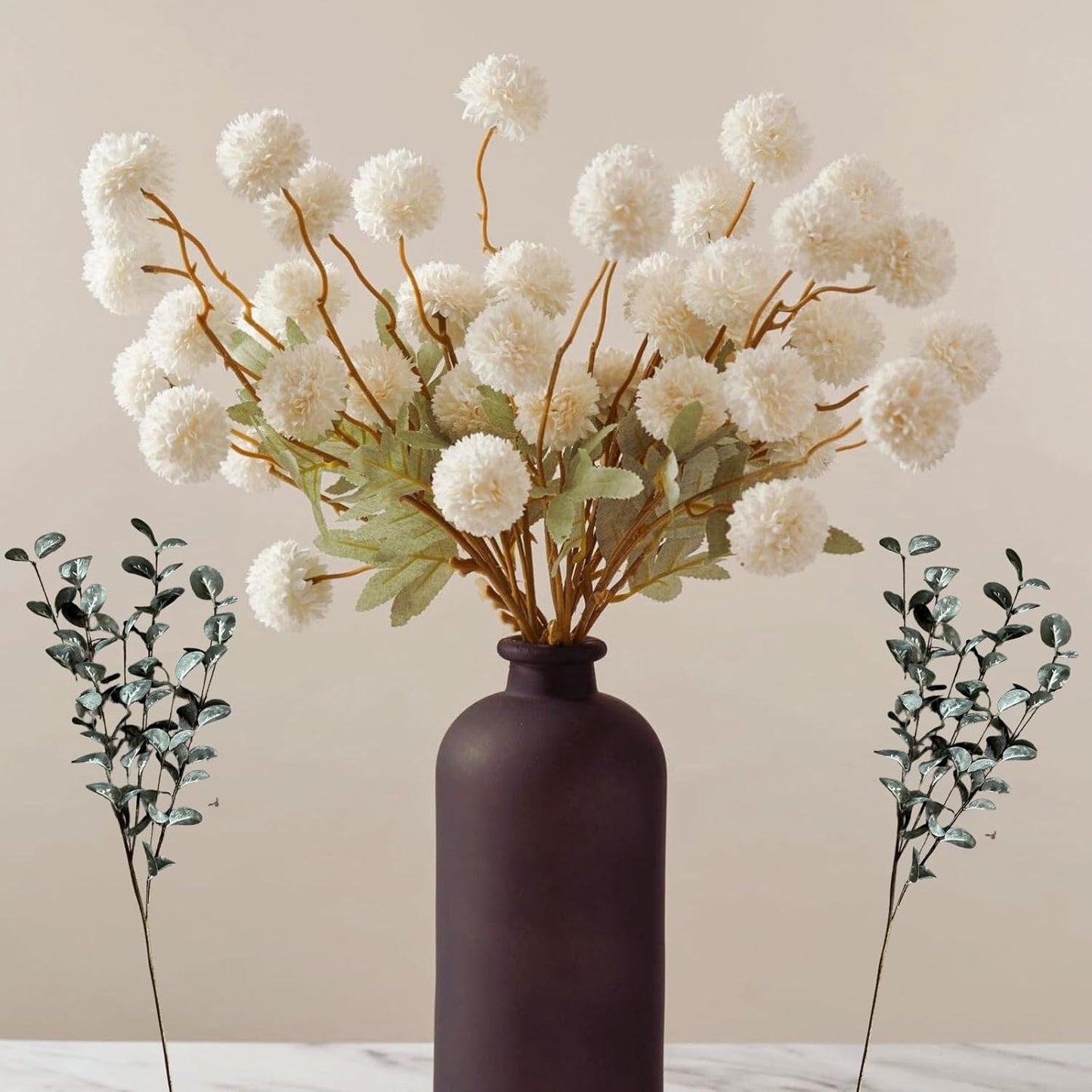 Artificial Silk Flowers Beige 10 Stems + Eucalyptus, Faux Flowers For Vase, Fake Mums Long Stem, Tan Nude Cream Neutral Floral, Chrysanthemum Pom Pom Floral Arrangements, Mini Faux Mums Flower Bulk