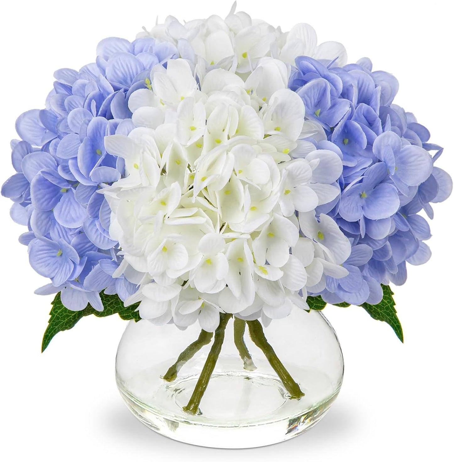 Hollyone Hydrangea Artificial Flowers with Vase White Silk Fake Flowers Arrangements in Glass Vase with Faux Water for Home Bathroom Office Table Centerpiece Shelf Decorations