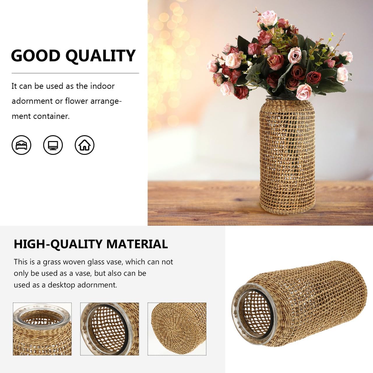 DOITOOL Boho Glass Vase with Rattan Cover, Rustic Farmhouse Vase Round Decorative Flower Container Flower Bud Container for Floral Arrangements Table Centerpiece, 4.3 x 4.3 x 9.8 inch